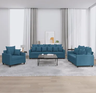 Produktbild von Design Möbel 3-tlg. Sofagarnitur mit Kissen Blau Samt - 2024 Neu