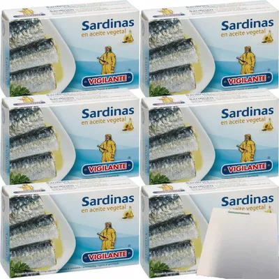 Produktbild von Vigilante Sardinen in Pflanzenöl, Sardinas en aceite vegetal 6er Pack (6x120g Dose) + usy Block