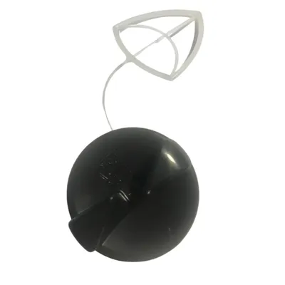 A black fuel cap with a clear plastic tether and cap holder, isolated on a white background.