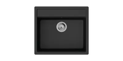 A top-down view of a black kitchen sink with a silver drain.