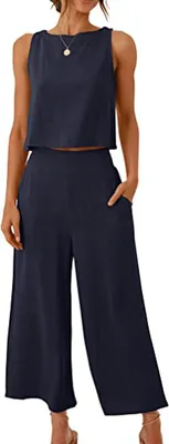 Produktbild von ASKSA Damen 2 Teiler Sommer Ärmellos Knöpfe Tank Top Weitem Hose Bein Einfarbig Zweiteiler Outfit mit Taschen, Marineblau, L