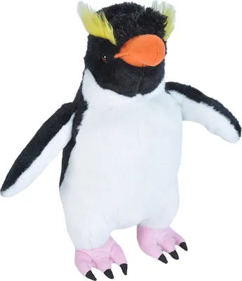 A plush toy penguin is shown against a white background.