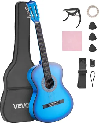 Zdjęcie produktu dla VEVOR Gitara koncertowa, 960 mm, drewniany zestaw startowy do gitary klasycznej dla początkujących, ze strunami nylonowymi, pokrowcem, paskiem, tunerem, dodatkowymi strunami, kostkami, kapodastrem, drewno lipowe, dla początkujących, kolor niebieski