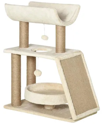 Immagine prodotto di Albero per gatti con tiragraffi, cesta e giocattoli | Colore: marrone chiaro | Dimensioni: 60x30x76 cm