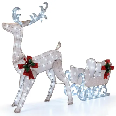 Imagen del producto de COSTWAY: Reno iluminado con trineo, figura navideña, decoración navideña con 100 LEDs, incluye bridas y estacas para fijación al suelo