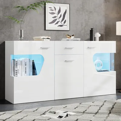 Immagine prodotto di Mobile contenitore MODFU, 140 x 33 x 70 cm, con vetrina illuminata a LED, cassettiera con 3 ante e cassetto, mobile per soggiorno con spazio contenitivo, in MDF, colore bianco