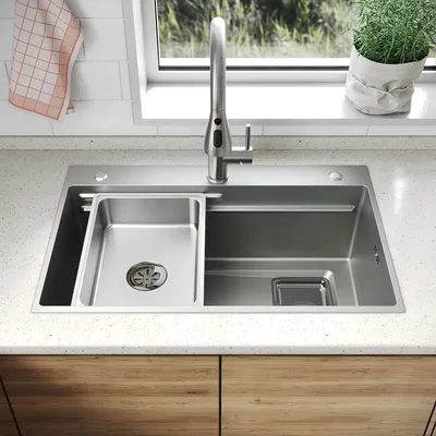 Produktbild von SONNI Breite Seite quadratisches Spülbecken 70 x 45 x 24,5 cm, Nano-Silber, mit rechteckigem Sieb , Abtropfbecken, Wasserhahn