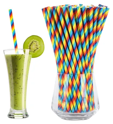 Produktbild von Biologisch abbaubare Papier-Strohhalme - Bunt gestreift - Für Säfte Cocktails und Bubble Tea - 100 Stück Regenbogenfarben