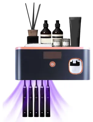 Produktbild von Zahnbürstenhalter, Wandmontage Zahnpastaspender UV Zahnbürstenhalter Elektrische Zahnbürste Halterung für 5 Elektrische Zahnbürsten Wiederaufladbare Zahnbürstenhalte für Badezimmer (Schwarzgold)