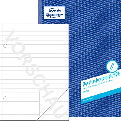 Produktbild von Avery Zweckform 905, Durchschreibbuch, A4, liniert, mit Blaupapier, 2x50 Blatt