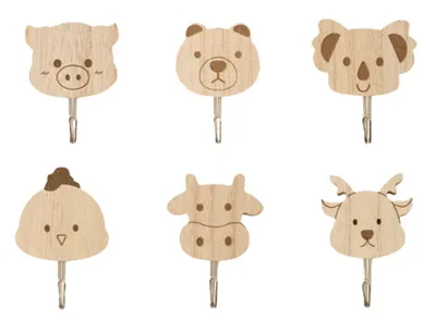 Tierkleiderhaken aus Holz, 6 Stück, selbstklebend, für Kinder