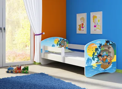 Produktbild von Kinderbett, Babybett 70x140, 80x160, 80x180cm Juniorbett, Kind, Motiv, Schublade CLAMARO, Bett Farbe:21 Piraten, Ausführung:Ohne Bettkasten, Bett Größe:140 x 70 cm