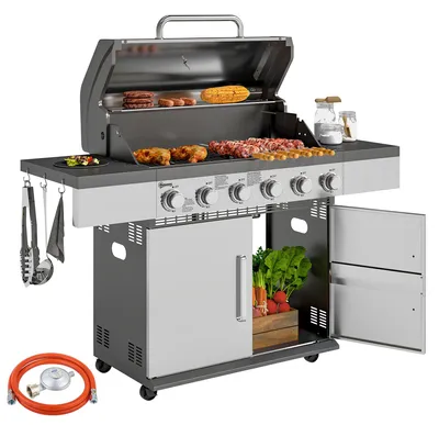 Produktbild von Outsunny Gasgrill 8500BTU Grillwagen inkl 6 Edelstahl-Brenner Thermometer Silber