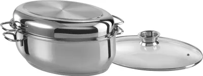 Produktbild von GSW Ovaler Edelstahl-Bräter 38cm 3 in 1, Edelstahl rostfrei 18/8, Glas, Ovaler Edelstahl-Bräter mit Aroma-Glasdeckel ø ca. 38 x 25 x H 19,5cm / Edelstahldeckel ø ca. 38 x 25 x H 5,9cm