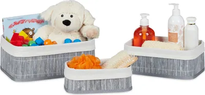 Image de Lot de 3 paniers de rangement Relaxdays, revêtement en tissu, bambou, rectangulaires, salle de bain, accessoires, jouets, paniers multi-usages, gris