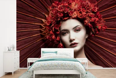 Produktbild von MuchoWow® Fototapete für Wohnzimmer oder Schlafzimmer Wandtapete Vinyl Motivtapete Frau - Rot - Porträt - Regenschirm - 600x400 cm - Vinyltapeten