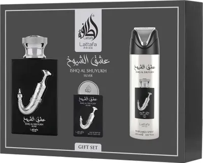 A gift set of Lattafa Pride Ishq Al Shuyukh Silver fragrance products is displayed in a box.
