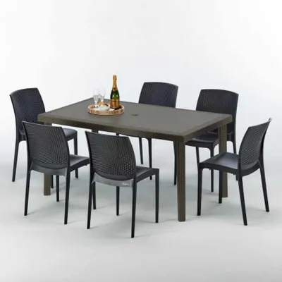 Produktbild von Polyrattan Tisch Rechteckig mit 6 Bunten Stühlen 150x90 Braun Focus