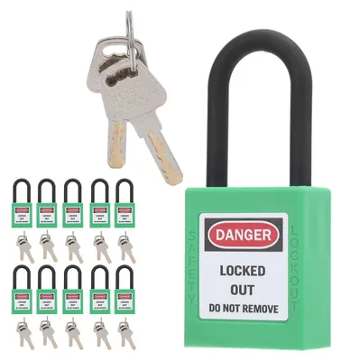 Produktbild von Sicherheitsvorhängeschloss-Set, 10-teilig, 1,5 Zoll, Sicherheitsverriegelung, Nylonisolierung, Technik, LOTO-Vorhängeschloss, elektrische Verriegelung, Kennzeichnungssystem (grün)
