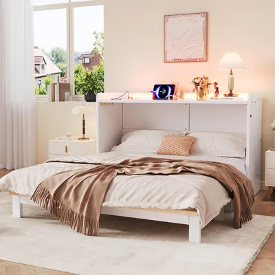 Produktbild von Zerbaco Schrankbett 140x200 cm, mit Schubladen unter dem Bett, USB, Steckdose, LED, Hochglanzplatte, Weiß, Ohne Matratze