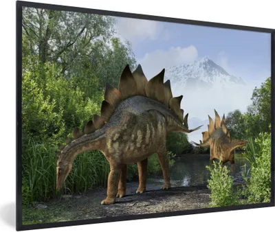 Produktbild von MuchoWow® Gerahmtes Poster Dinosaurier - Berg - Wald - Illustration - Jungen - Kinder - Kleiner Junge 30x20 cm - Poster mit Schwarzem Bilderrahmen Wandposter Rahmen Foto Bilder - Kunstdruck - Bild-Poster
