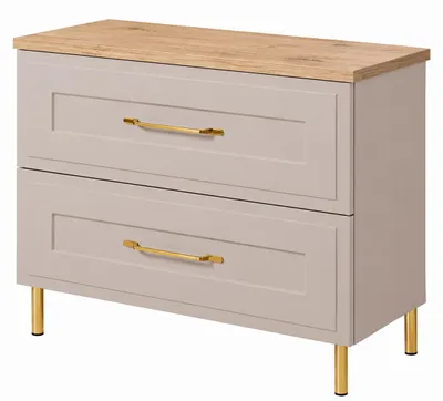 Produktbild von Badezimmerschrank stehend 80, gerillte Front 19 mm, Kaschmir + Platte helle Eiche, Griffe in zwei Farben, 80 x 46 x 73,6 cm, KI-generiertes Bild