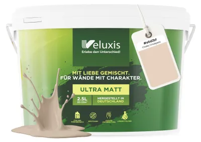 Produktbild von Wandfarbe Beige Creme Braun Matt Innenfarbe – Deckkraft Klasse 1, VOC-frei, Ohne Grundierung, Tropfarm – Wohnzimmer & Schlafzimmer – 2,5L – Veluxis (Chalky Chickpeas)