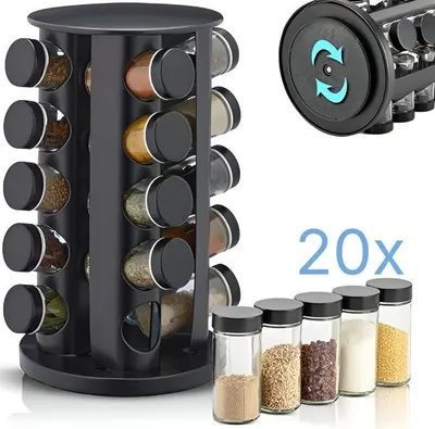 Produktbild von 360° drehbarer Gewürzorganizer Set aus PP und Glas, Gewürzhalter mit 20 140 ml Glasgefäßen, Gewürzregal für kleine Küchen - SPINSPICE