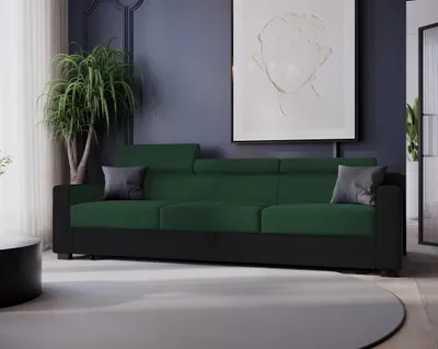 Produktbild von GOLDSTOFF Sofa DIWIA 241 x 92 cm - Schlaffunktion - verstellbare Kopfstützen - Staumstoff + Kunstleder : Dunkelgrün + Schwarz ( Mon 37 + Solar 99 )