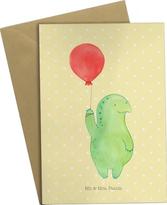 Produktbild von Mr. & Mrs. Panda babykarte Schildkröte Luftballon - Gelb Pastell - Geschenk, glücklich, Grußkarten, hochzeitskarten, weihnachtskarten, Schildkröten, Jahrmarkt, Grußkarte
