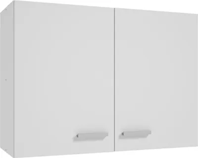 A white, two-door wall cabinet with silver handles.