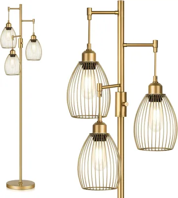 Produktbild von Dimmbare industrielle Stehlampen für Wohnzimmer, Goldbaum-Stehlampen mit 3 eleganten Tropfen-Käfigkopf & 800 Lumen LED-Lampen für Schlafzimmer Büro
