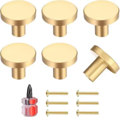 Produktbild von 6 runde Messing Knöpfe goldfarben Edelstahl Griffe Schrauben