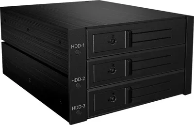 Produktbild von ICY BOX IB-563SSK, Backplane, 3x 3,5" SAS/SATA (I/II/III) HDD in 2x 5,25" Einschübe, Hot Swap, trägerloser HDD Einbau, Lüfter, 2x 5,25", Speicherlaufwerkbehälter, Schwarz, 2.5", SATA, SATA II, SATA III, Aluminium