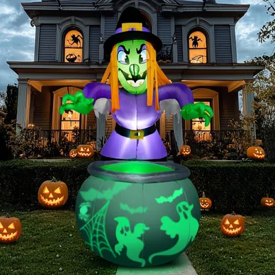 Obrázok produktu pre Halloweenová nafukovacia dekorácia – čarodejnice a kotol – Nafukovacia záhradná dekorácia s LED osvetlením – Vonkajšia dekorácia