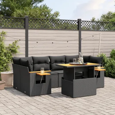Produktbild von Design 7-tlg. Garten-Sofagarnitur mit Kissen Schwarz Poly Rattan, Gartenmöbel-Sets 2024 Neu