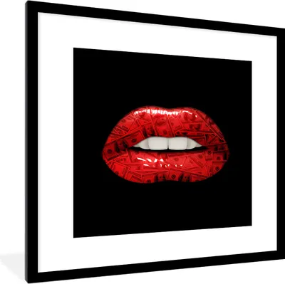 Produktbild von MuchoWow® MuchoWow® Gerahmtes Poster Lippen - Geld - Rot 40x40 cm - Poster mit zchwarzem Bilderrahmen - Poster - Plakat im Rahmen