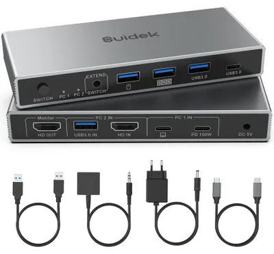 Image de Commutateur KVM USB-C + HDMI, 2 entrées, 1 sortie, avec 3 ports USB-A + 1 port USB-C 3.0, résolution 4K à 60 Hz