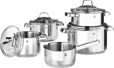 A set of stainless steel pots and pans arranged on a white background.