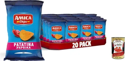 Produktbild von AMICA Chips | La Patatina Gusto Paprika, Chips mit Paprika geschmack, glutenfreier Snack, mit Sonnenblumenöl, natürliches Aroma, 20 x 100 g + Italian Gourmet polpa 400g