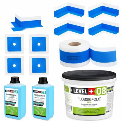 Obrázek produktu pro Hydroizolační sada Tekutá fólie 9,5 kg Těsnicí páska 15mb Základní nátěr Sprcha v koupelně - LEVEL+ SET320