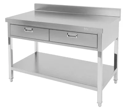 Zdjęcie produktu dla Kuchenny stół ze stali nierdzewnej przyścienny gastro do krojenia z 2 szufladami i półką Mega-M X 120x60x85cm