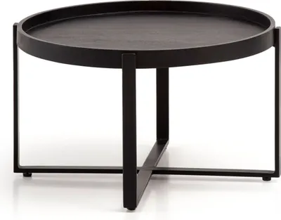 Produktbild von Couchtisch 60x60x35 cm Mango Massivholz / Metall Schwarz Sofatisch Rund, Design Wohnzimmertisch mit erhöhtem Rand, Industrial Kaffeetisch Wohnzimmer Modern