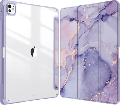 Produktbild von Fintie Hybrid Hülle für iPad Pro 13 Zoll (M4) 2024 mit Stifthalter - Stoßfeste Schutzhülle mit transparenter Hartschale auf der Rückseite Case für 13" iPad Pro M4, Lila Marmor