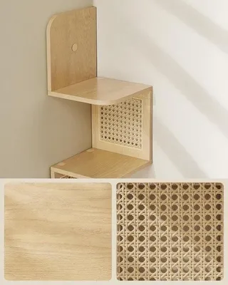 Produktbild von Eckregal, Wandregal, schwebendes Regal mit 5 Ebenen, PVC-Rattan, Zickzackform – platzsparend für Küche, Schlafzimmer und Wohnzimmer – Boho-Stil, Eiche, Beige