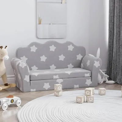 Imagen del producto de Sofá infantil de 2 plazas, convertible en cama, color gris claro, con estampado de estrellas y textura de felpa