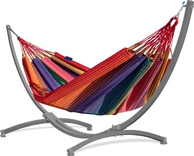 Produktbild von Potenza Outdoor Hängematte mit Gestell für 2 Personen I Arriba - 100% Baumwolle Doppelhängematte 230x160 cm, 220kg I Grau Hängemattengestell 220kg, wetterfest
