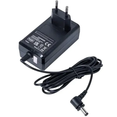 A black power adapter with a cord and plug, isolated on a white background.