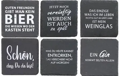 Produktbild von GKA 6 Stück Schiefer Untersetzer mit Spruch 10 cm Schieferuntersetzer für Gläser Tisch Bar