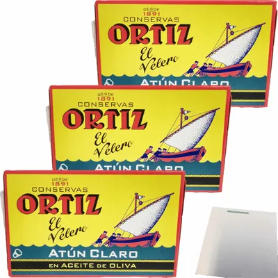 Produktbild von Conservas Ortiz Atún Claro Gelbflossen Thunfisch in Olivenöl 3er Pack (3x112g Dose) + usy Block